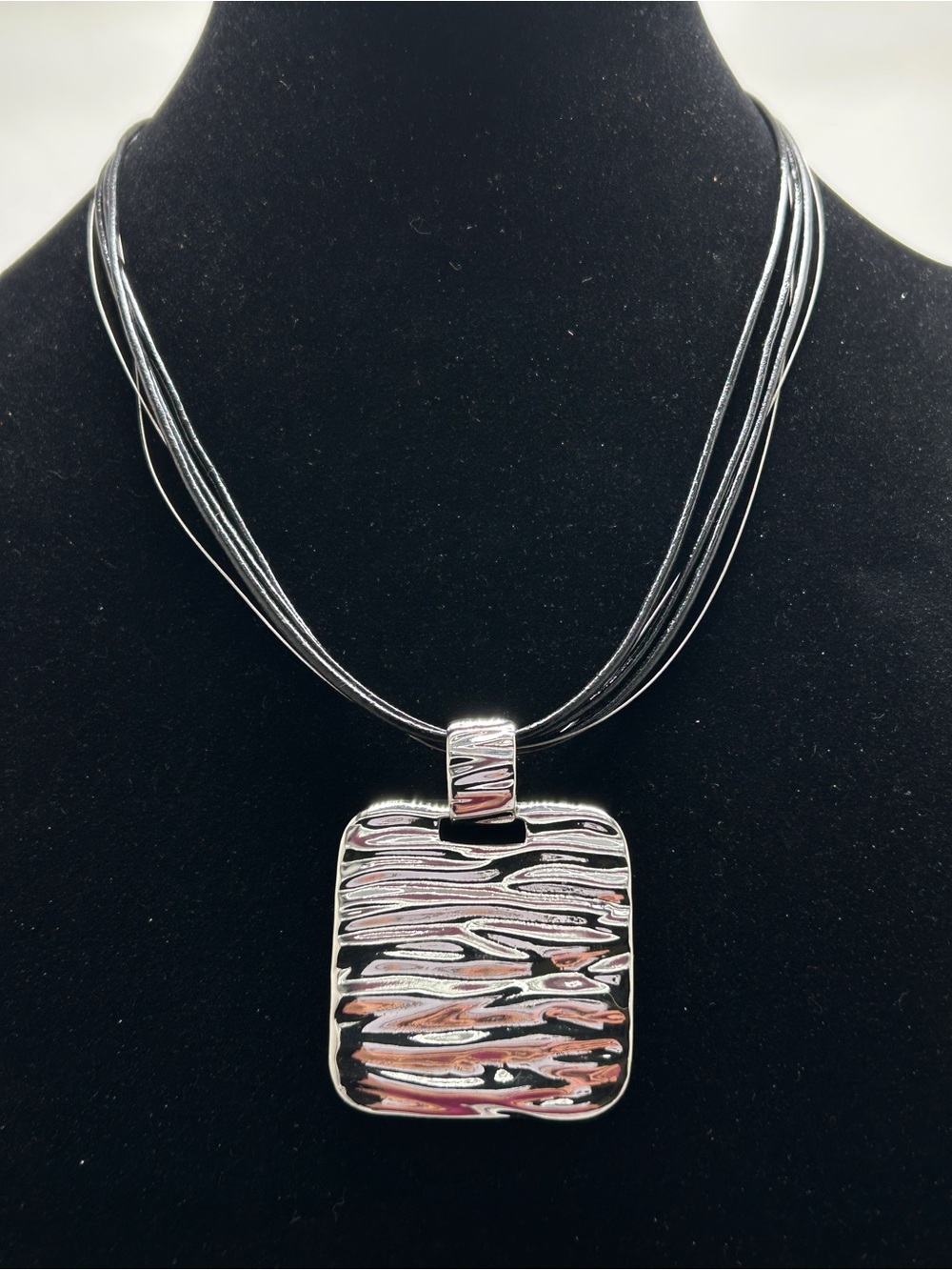 Chico’s, Black Leather Necklace With Wavy Silver Pendant